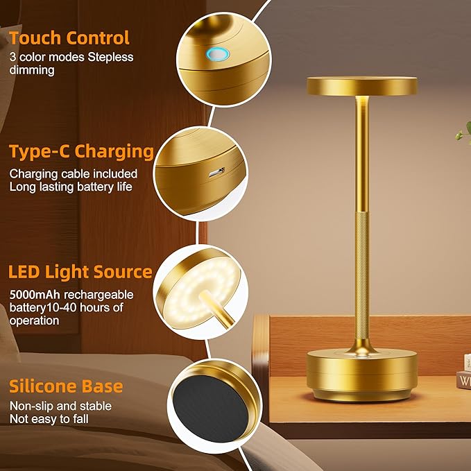 2-Pack Cordless Table Lamp Rechargeable, 5000mAh Battery Operated LED, Touch 3-Color Stepless Dimming, IP54 Waterproof Wireless Lamp for Bedroom Dining Restaurant Patio Outdoor – Gold