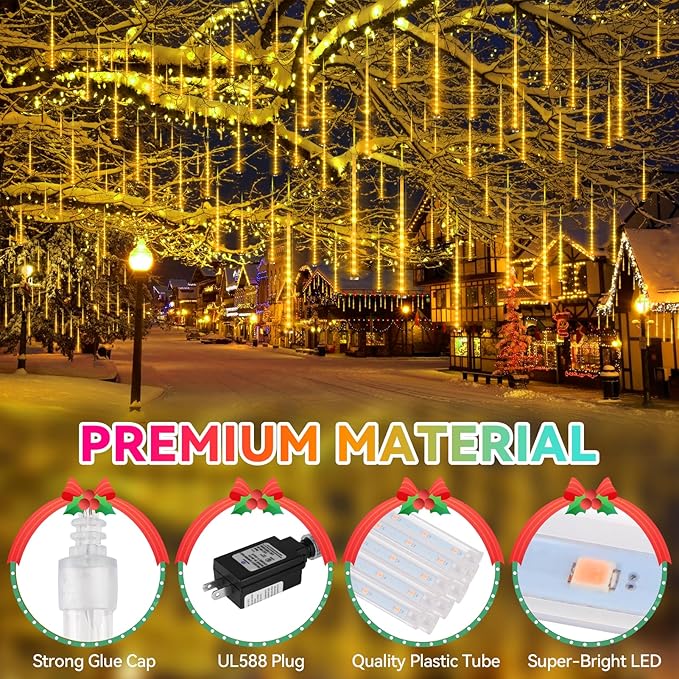 KNONEW Christmas Lights Outdoor, 15 inch 24 Tubes 672 LED Meteor Shower Lights Plug in Waterproof Falling Rain Light for Xmas Tree Wedding Party Garden Holiday Rooftop Decorations (Warm White)