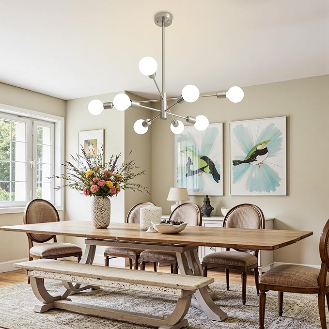 Brushed Nickel Chandeliers Modern Sputnik Chandelier 8-Light Mid Century Ceiling Lighting Fixture for Living Room, Kitchen, Bedroom, Dining Room, and Farmhouse