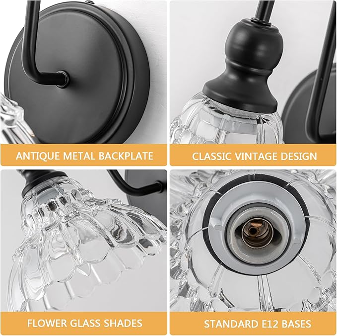 Vintage Bathroom Light Fixtures Over Mirror, 1-Light Black Wall Sconce Lighting with Flower Glass Shade, Farmhouse Vanity Lights for Bedroom Kitchen Living Room Hallway Light