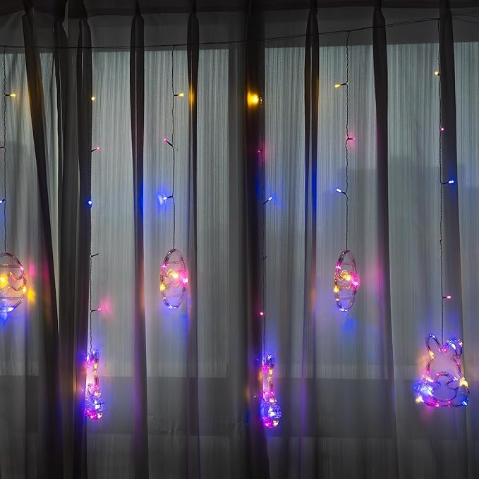 Dazzle Bright Easter Lights, 222LED 9FT Pastel Rabbit and Eggs Curtain String Lights with 8 Modes, Plug in Easter Decorations for Indoor Window Outdoor Party Decor (Multi-Colored)