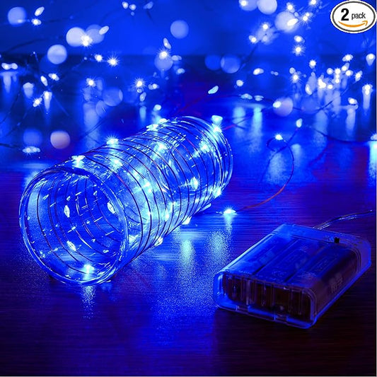 2 Pack 16.4ft Battery Operated String Lights with Timer, Blue with Synchronized Twinkle Mode, Fairy Lights Battery Powered, 50 LEDs, Idea for Christmas Bedroom Party Wedding