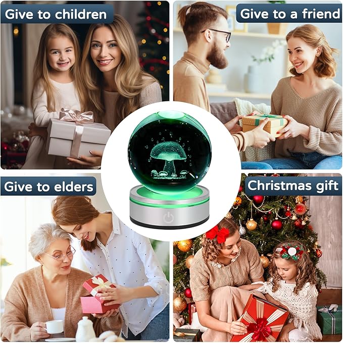 3D Crystal Ball Night Light with LED Colorful Touch Lighting Base - 3.15 In Mushroom Figurine Glass Sphere Lamp for Birthday, Christmas, Cute Home Decor Gifts for Kids, Teens, Women