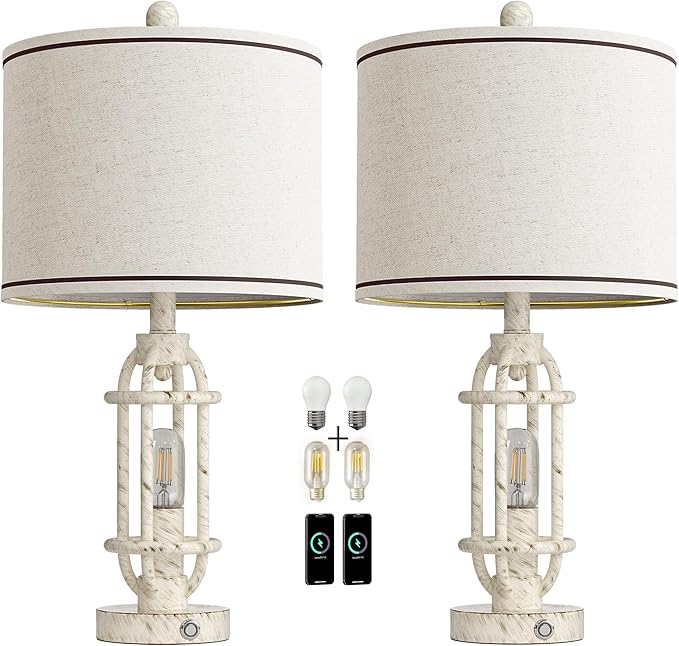 23.75'' Table Lamps Set of 2 for Living Room Bedroom Industrial Farmhouse Metal Touch Lamps with USB A+C Ports, Night Light Vintage Nightstand Bedside Lamp, Bulbs Included, White