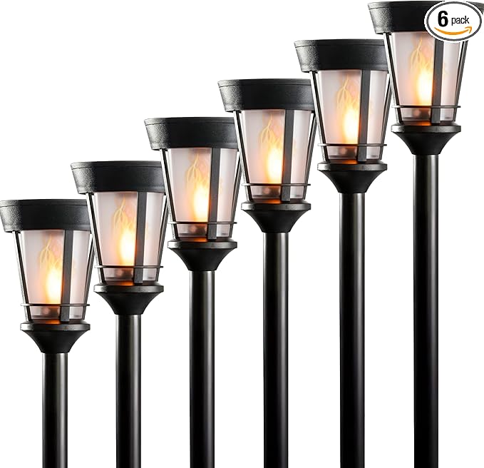 FoxFlame Classic Solar Path Torch - Elegant Flickering Flame Effect with Patented LED,IP65 Waterproof,Solar-Powered Lighting for Garden,Yard, and Landscape Ambiance Easy Stake Installation (6 Pack)