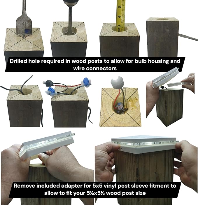 DekLights® DIY Line LED Lighted Post Cap for 6x6 Wood Posts (True 5.5"x5.5"). Our 12volt Low Voltage with Replaceable LED Bulb. for Your 6x6 Fence Posts (Black Cap 3000k Bulb)