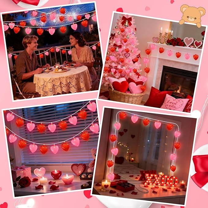 8.5Ft Valentines Day Decorations, Red & Pink Heart String Lights with 10 LED Clear Red and Pink Heart Lights, Connectable Romantic Valentine's Day Light for Wedding Valentine Anniversary Party
