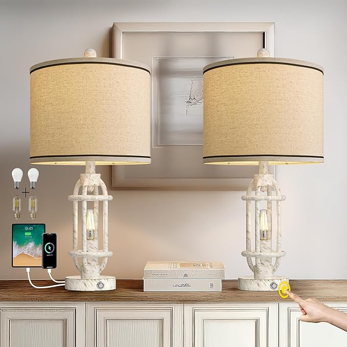 23.75'' Table Lamps Set of 2 for Living Room Bedroom Industrial Farmhouse Metal Touch Lamps with USB A+C Ports, Night Light Vintage Nightstand Bedside Lamp, Bulbs Included, White