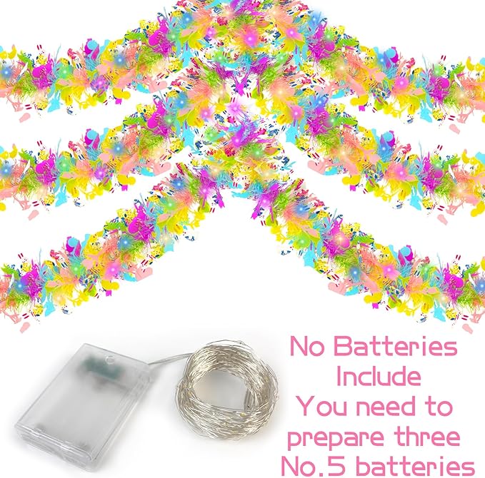 33ft Easter Tinsel Garland with Lights, Colorful Bunny Egg Chick Tinsel Spring Decor, Hanging Easter Decorations for Home Indoor Outdoor Mantle Tree