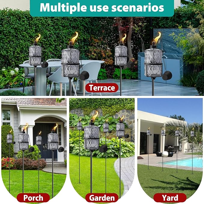 4 Pack Gray Glass Garden Torch ,60-Inch Outdoor Torch Garden Décor, Upgraded 12 oz Citronella Torches with 3-Prong Grounded Stake,Metal Light Torches for Party Patio Pathway