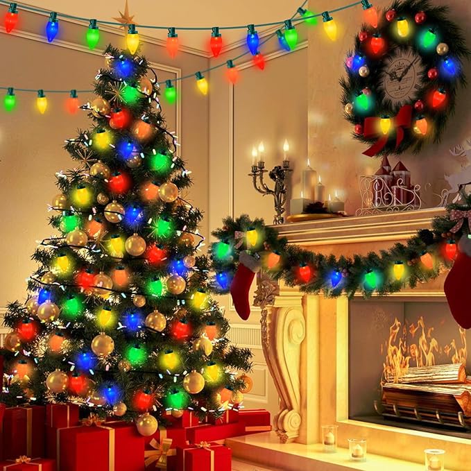 26.4Ft - 50 LED Bulbs Multicolor C7 LED Christmas Lights Outdoor Big Bulb Colored Christmas Tree Lights, Plug in Colorful C7 String Lights for Multicolored Indoor Outdoor Xmas Decorations, 0.6W = 7W