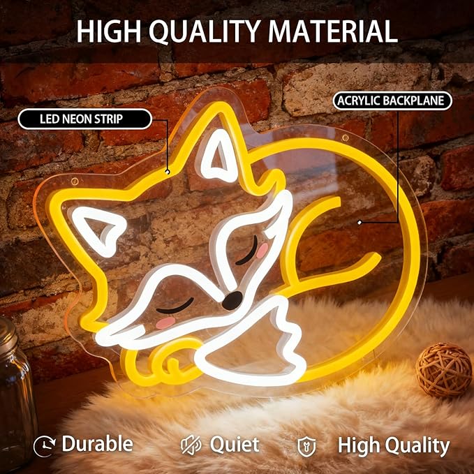 Fox Neon Sign for Wall Decor, Dimmable Animal LED Neon Light, Cute Sleeping Fox Neon for Bedroom, Living Room, Birthday Party Gifts for Kids Adults & Fox Lovers