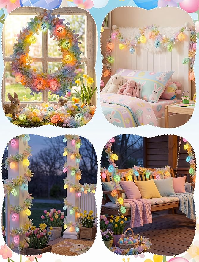 8.5Ft Easter Garland with Lights, Plug in Easter Egg String Lights & Pastel Tinsel Set (White Wire), Connectable Waterproof Indoor Outdoor Decor for Home Mantle Bedroom Party
