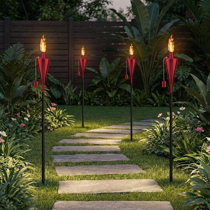 FAB BASED 55 Inch Outdoor Oil Torch Lamp–4 Pack Pieces Rustproof Stainless Steel Citronella Torches, 12.17 oz, Includes Funnel & Fiberglass Wicks for Patio Garden Backyard (Red)