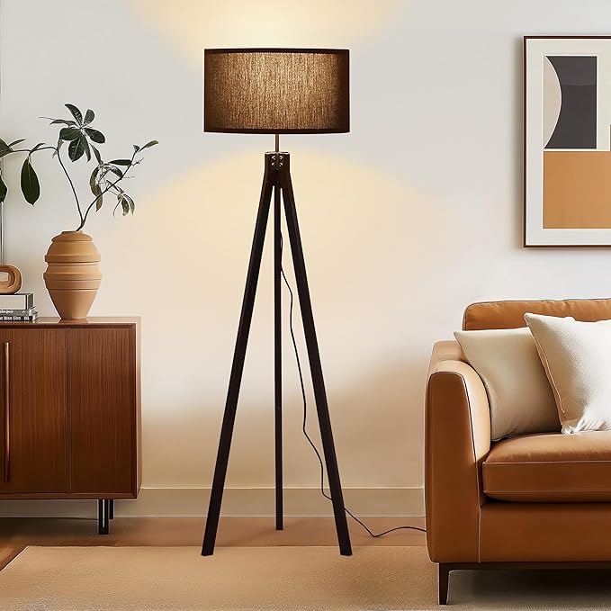 Brightech Eden Tripod LED Floor Lamp – Mid Century Dimmable Modern Light for Contemporary Living Rooms - Tall Free Standing Lamp with Solid Wood Legs for Bedroom, Office - Classic Black