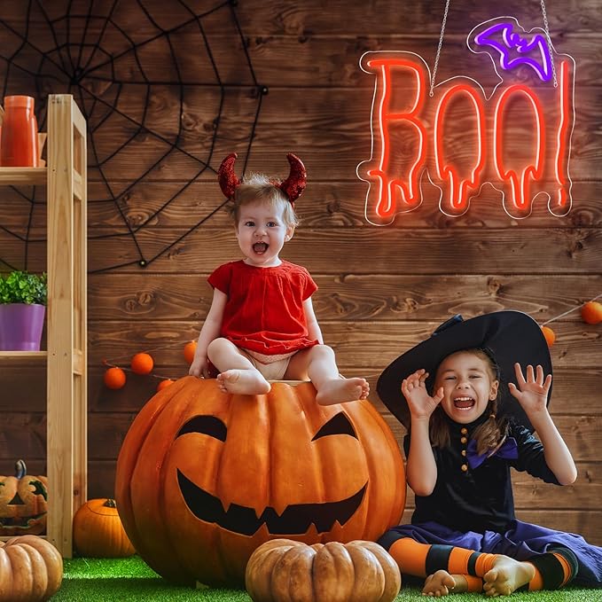 Halloween Neon Sign, Orange Purple BOO Bat Neon Light Up Sign for Halloween Party Decorations, Dimmable Neon Halloween Led Sign for Wall Decor, Spooky Boo Neon Sign for Trick or Treat Party Backdrop