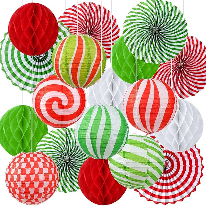 Retisee 18 Pcs Christmas Hanging Paper Lanterns Party Decorations Candy Canes Peppermint Paper Fans Xmas Hanging Honeycomb Ball Lanterns Ornaments for Christmas Winter Party Holiday Ceilings Decor