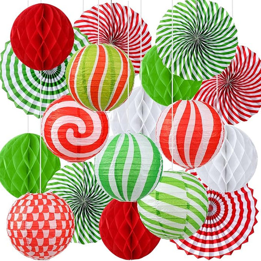 Retisee 18 Pcs Christmas Hanging Paper Lanterns Party Decorations Candy Canes Peppermint Paper Fans Xmas Hanging Honeycomb Ball Lanterns Ornaments for Christmas Winter Party Holiday Ceilings Decor