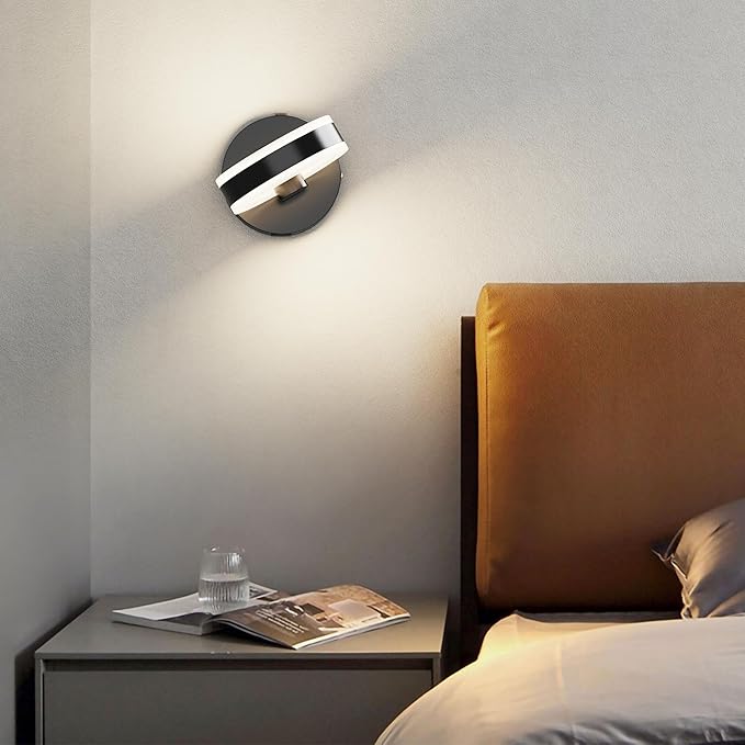 Wall Lamp LED Wall Sconce Rotatable Up-Down Sconces Wall Lighting with Built-in Switch and USB Charging Port 110 Volt AC Hardwired Wall Light (Black)