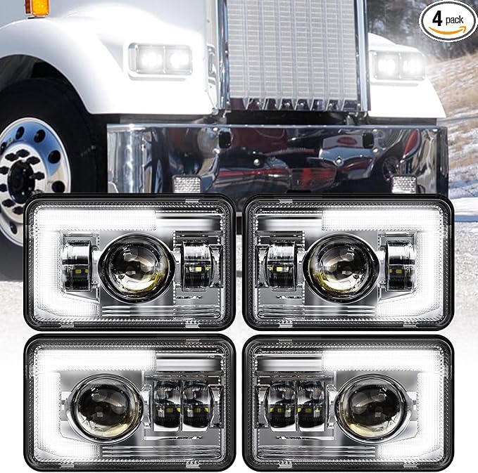 BICYACO DOT 120W 4x6 Inch LED Headlights DRL Rectangular Replacement H4651 H4652 H4656 H4666 H6545 Compatible with Peterbilt Kenworth Freightinger Ford Probe Oldsmobile Cutlass(4 PCS)