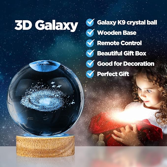 3D Galaxy Crystal Ball Night Light,3.15in k9 Universe Crystal Ball Lamp with 16 Colors Change,Wooden Base and Remote Control Decor Space Astronomy Gifts for Kids