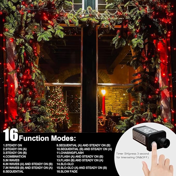LAMPHOME 33ft Red Valentine Lights String, 100 LED Green Wire red Fairy Starry String Lights Plug in,16 Lighting Modes for Valentines Day Tree Decorations Wedding Party Decoration