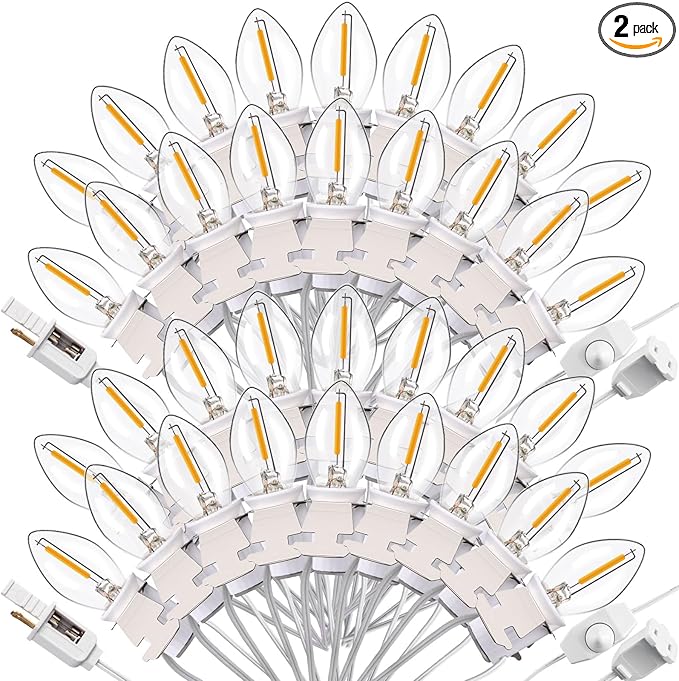 Leelosp 2 Pack Accessory Cord with 18 C7 LED Light Bulb, Christmas Village Houses Light Cord E12 Socket Blow Mold Warm White Bulb with Switch for Christmas Village Trees Crafts Holiday(33 ft)