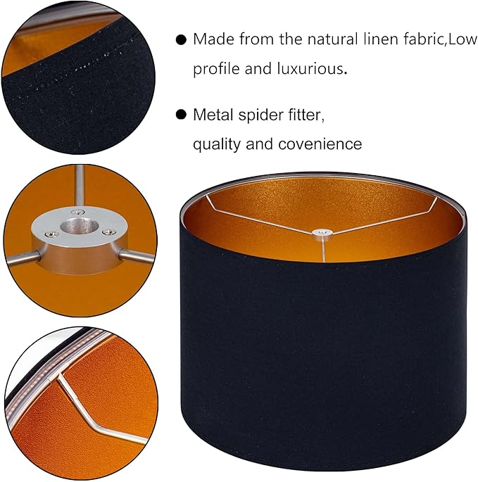 Wellmet Blackgold Set of 2 Drum Lampshades, Easy Assembly Required 18" Top x 18" Bottom x 12" High Replacement Lamp Shades, Fabric Lampshades for Table Lamps Floor Lamps, Metal Spider Fitter