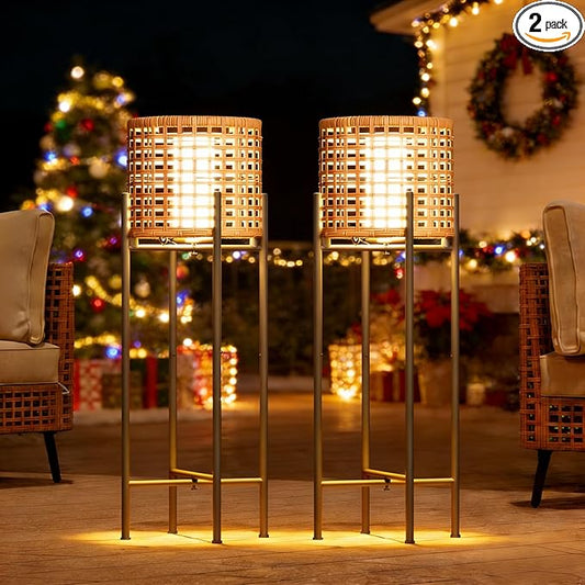 LAUSAINT HOME Solar Powered Outdoor Floor Lamp with Auto On/Off LED Light, Waterproof Wicker Patio Floor Lights, Boho Rattan Floor Lantern (2 Floor Lamps)