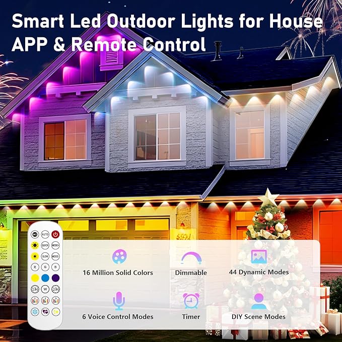 100FT Permanent Outdoor Lights,RGB+IC Eaves Lights with App & Remote Control,DIY Multi-Color Scene Modes,IP67 Waterproof,Outdoor Strings for House,Holiday Decorations for Halloween,Christmas