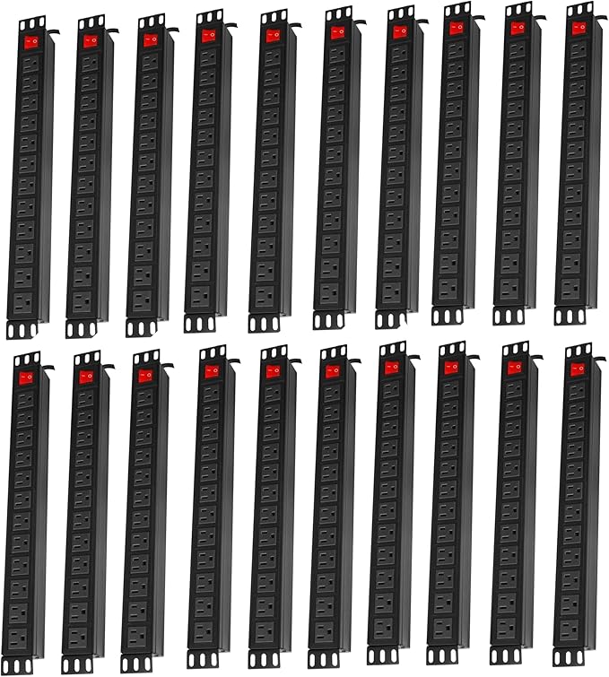 20PCS 12 Outlet Power Strips Surge Protector Rack-Mount PDU, Metal Mountable Power Strip with Switch, Heavy Duty Power Strips for Server Racks, Garage Shop, Industral Commercial (Black 6FT)