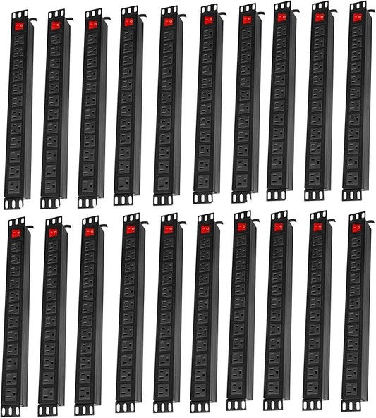 20PCS 12 Outlet Power Strips Surge Protector Rack-Mount PDU, Metal Mountable Power Strip with Switch, Heavy Duty Power Strips for Server Racks, Garage Shop, Industral Commercial (Black 6FT)