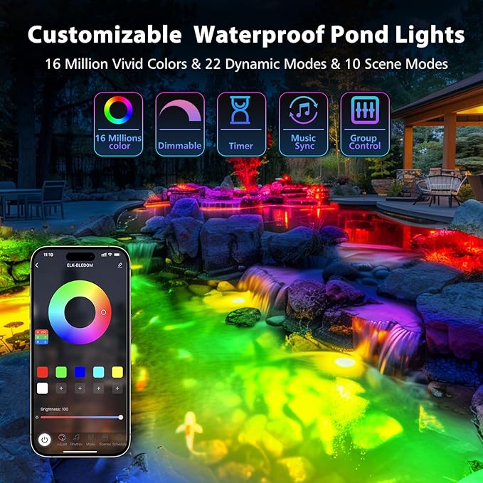 LyLmLe LED Pond Lights with APP Control, 6W SS316 Stainless Steel RGB Underwater Fountain Light with 12V Transformer, IP68 Waterproof Outdoor Underwater Lights for Pond Waterfall, Black Wire(6-Spots)