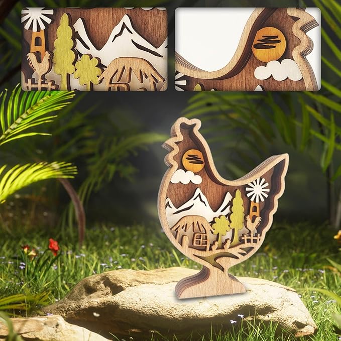 Drawelry 3D Wooden Animals Carving Home Decorative - Creative Wood Carved Lamp Farmhouse Wooden Animals Sculpture Ornaments Easter Birthday Gifts for Family Friend Son Dad (Chicken, with Light)