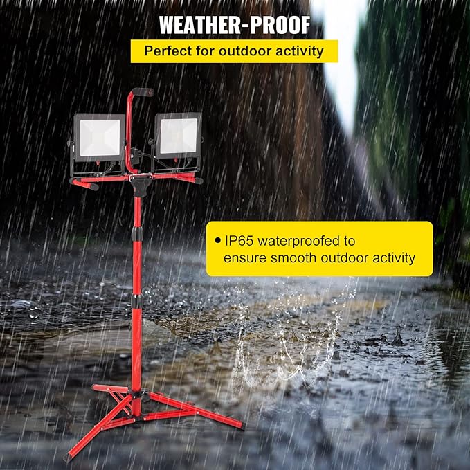 VEVOR LED Work Light with Stand, 20000 Lumen Dual-head LED Work Light with 27.6"-68.1" Adjustable and Foldable Tripod Stand, IP65 Waterproofed LED Tripod Work Light, with 5000 Kelvin Color Temperature