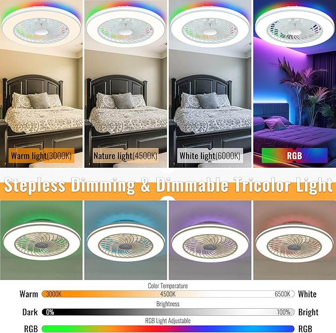 24'' Low Profile Bladeless Ceiling Fans with Lights, Remote/APP/Alexa Smart Control, RGB & 3CCT Dimmable, Flush Mount Ceiling Fan with 6-Speed Reversible for Bedroom Living Room Kid's Room