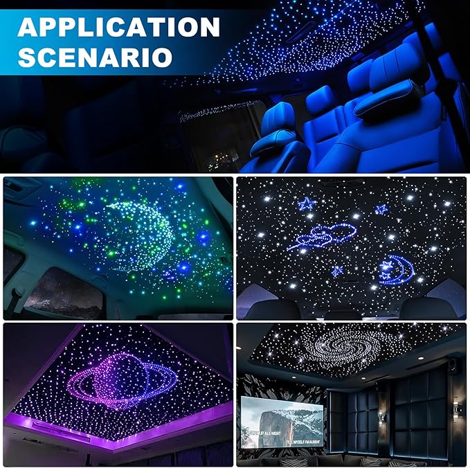 Split 4 Colors 12W Car Starlight Headliner Kit 1000pcs*0.02in*9.8ft with APP&RF Remote,RGBW Fiber Optic Strands Star Roof Lights,4 Port Engine Sound Activated Star Ceiling Lights for Car/Home Decor