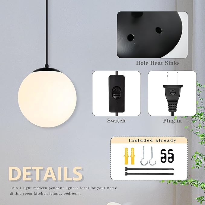 KoKo&Yukina 8" Globe Pendant Light Black Plug in Pendant Light Adjustable Hanging Lights with Plug in Cord Matte Black Finished with Milk Glass Lampshade for Bedroom Kitchen Island（Bulb Included）