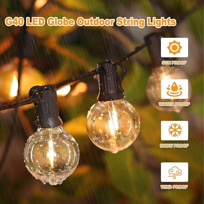 Outdoor G40 LED Globe String Lights 30Feet Dimmable Waterproof Shatterproof Patio Light with 15+2 Bulbs Connectable Commercial Hanging Lights for Christmas Patio House Backyard Balcony Party(Black)