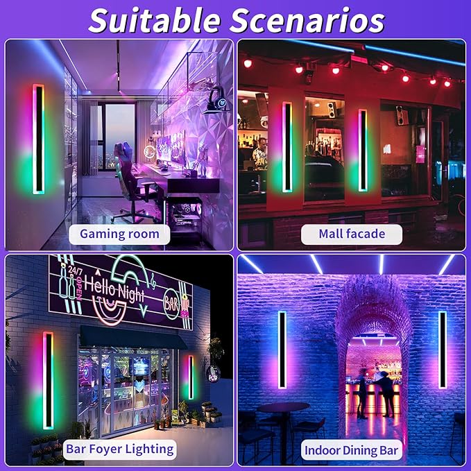 Mikeru 2pack 23.6inch Outdoor Wall Light Fixtures, RGB Modern Outdoor Wall Sconce 10%-100% Dimmable Smart Long LED Wall Light Wall Mount Featuring Multiple Modes and 12 Colors for Patio Entryway