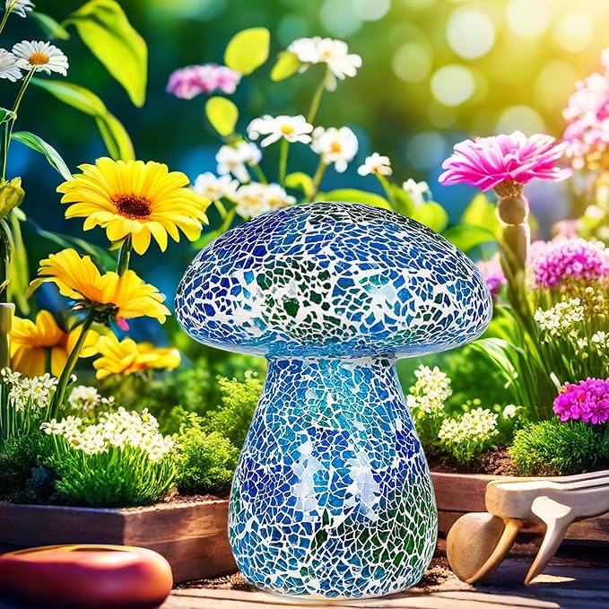 Mosaic Mushroom Garden Lights - Table Lamp Outdoor Decor Waterproof Night Light Lawn Decor Statue for Patio, Party, Yard (Blue)