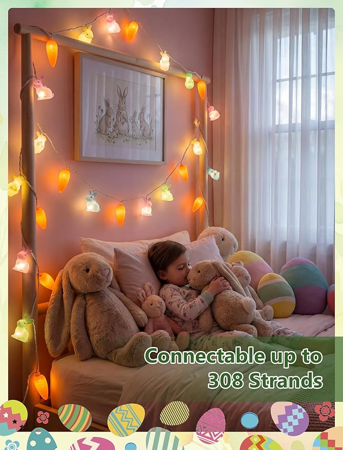 Abeja Multicolored Rabbit Carrot String Light, 8.5FT LED Easter Fairy Light with 10 LED Rabbit Carrot Lights, Easter String Lights for Kids Bedroom Garden Wall Home Easter Decorations