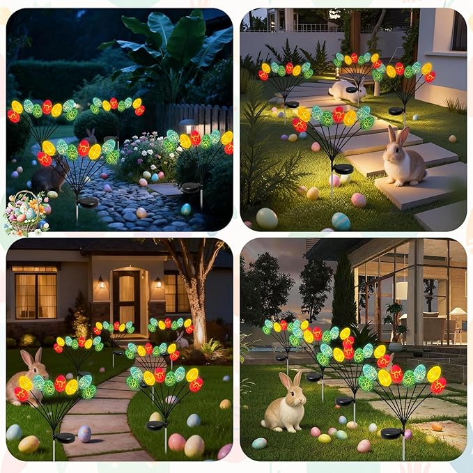 4 Pack Solar Easter Egg Lights with 32 Multicolor LED Eggs, Waterproof Colorful Solar Powered Outdoor Lights for Yard, Pathway, Porch & Patio - Easter Decorations