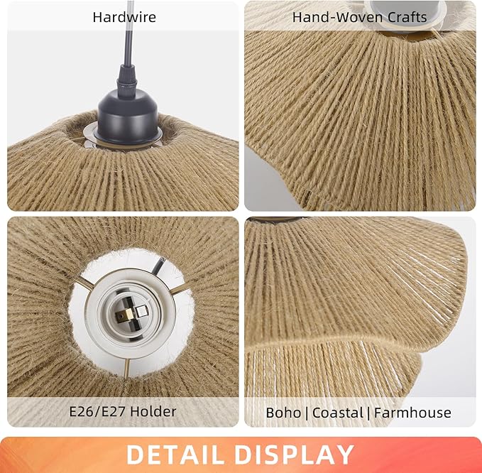 Arturesthome Mini Boho Pendant Light,Woven Twine Chandelier Coastal Hanging Lighting,Adjustable Height Farmhouse Lampshade for Living Room Bedroom Hardwire