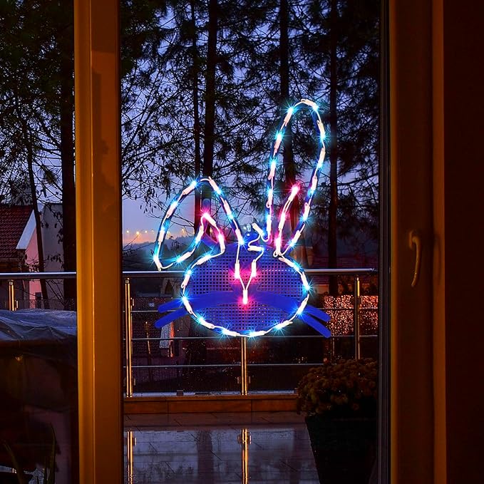 LAMPHOME 17" Lighted Blue Easter Bunny Head Window Silhouette
