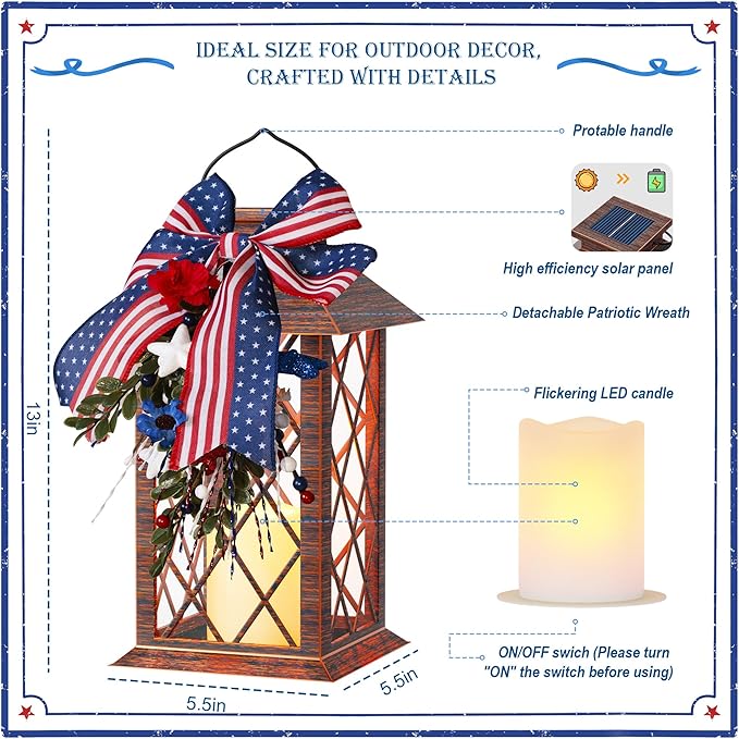 4th of July Solar Lanterns Outdoor Waterproof, Patriotic Hanging Lantern with Flickering LED Candle, 13" Independence Day Lanterns Decorations for Patio Porch Garden Yard Pathway, 1 Pack