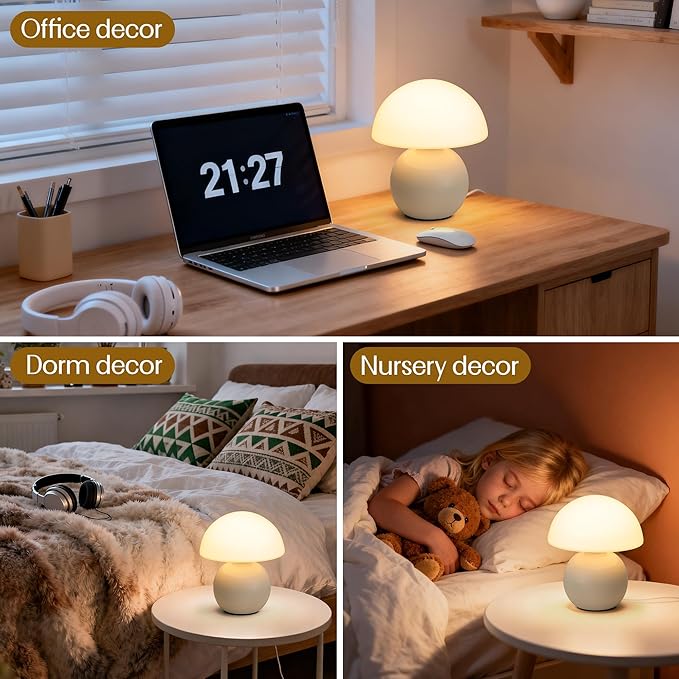 Cute Small Mushroom Lamp Decor,USB-Plug in Bedside Table Lamps with 3-Temperature LED Bulb Dimmable,Modern Aesthetic Home Decor for Livingroom/Bedroom/Dorm/Nursery (White with Plug)