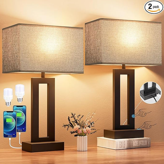 Seealle Nightstand Table Lamps for Bedrooms Set of 2 - Touch Bedside Lamp with USB C+A, 3 Way Dimmable Living Room End Tables 2, Modern Night Stand Bed Side Guest Room(Grey) B. Grey