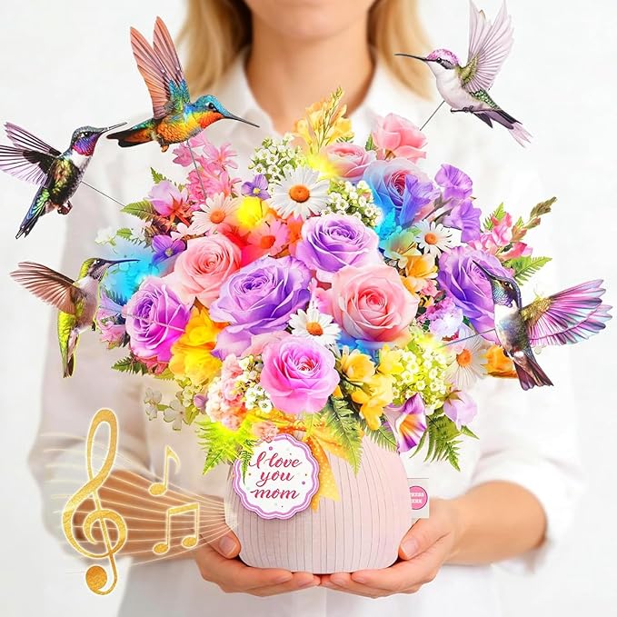Mothers Day Card with Music & Lights, 3D Pop Up Mothers Day Gift, Hummingbird, 10 Inch Life Sized Forever Flower Bouquet Birthday Card For Mom, Women, Wife