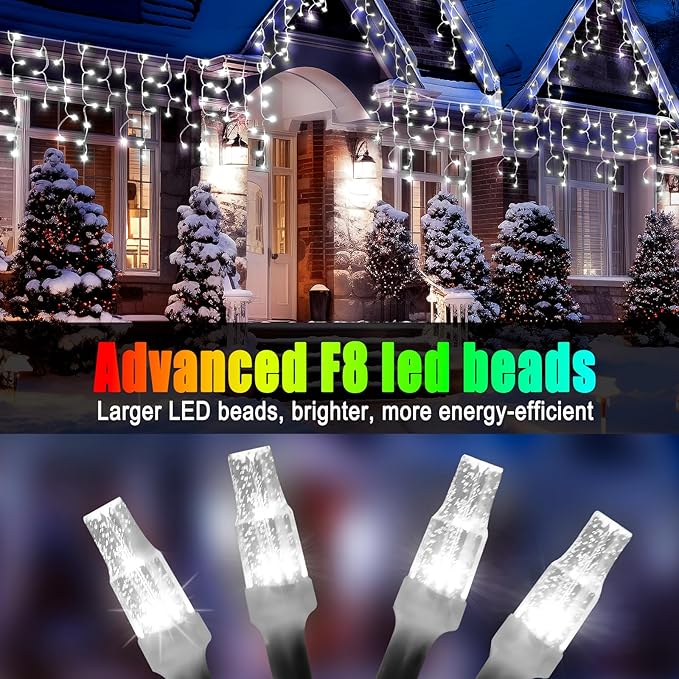 Christmas Lights Outdoor, 98FT 900LED Ice Lights for Outside, Ice String Lights with 8 Modes, Waterproof Timer Memory Hanging Light for Eaves Party Yard Garden(Cool White)